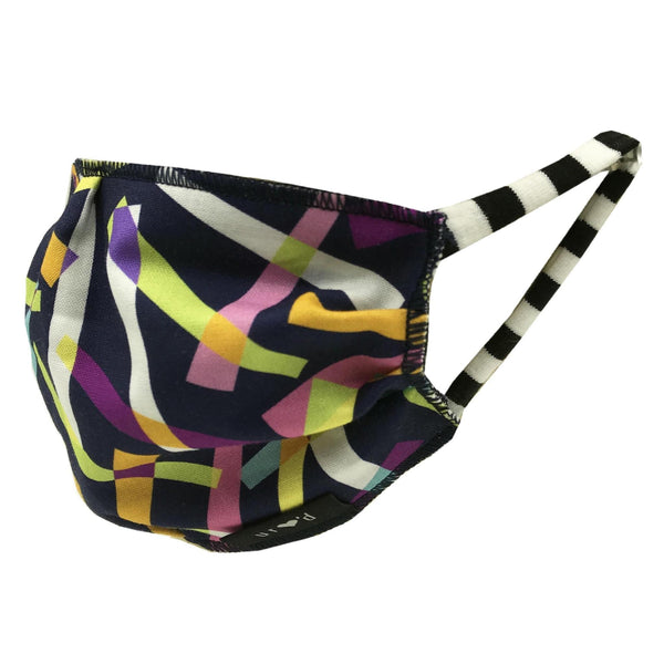 Pleated and lined kids face mask with a print of funky overlapping rectangles in bright shades of green, blue, yellow, pink and white on a dark blue-purple background background, with black and white striped stretch cotton ear loops. Hand-sewn in the USA, sustainably made in eco-conscious fair labor facilities with upcycled materials.